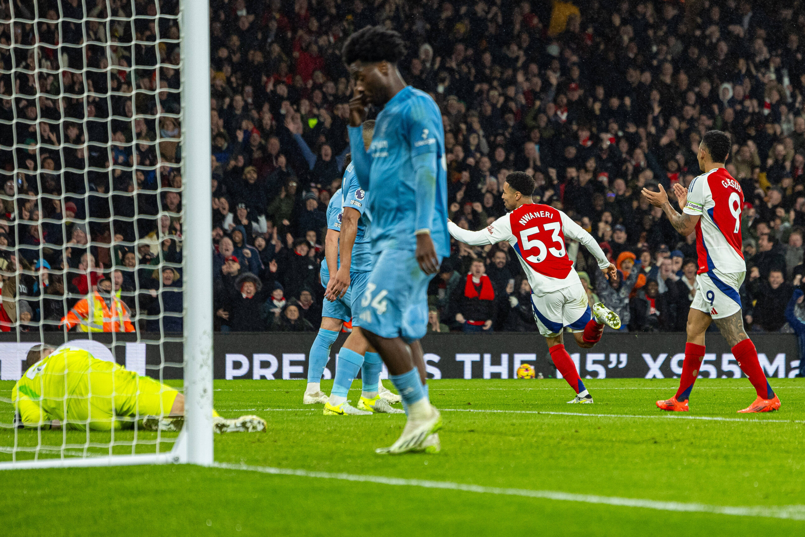 Ethan Nwaneri celebrates after scoring past Nottingham Forest