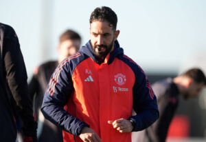 Ruben Amorim takes charge of a Manchester United training session with whistle in mouth