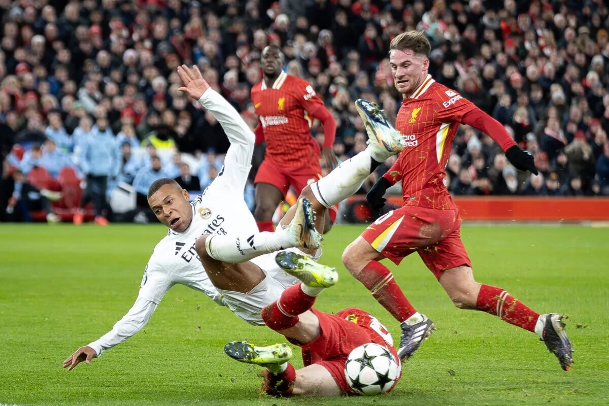 Liverpool Predicted Lineup - Kylian Mbappe tackled by Conor Bradley