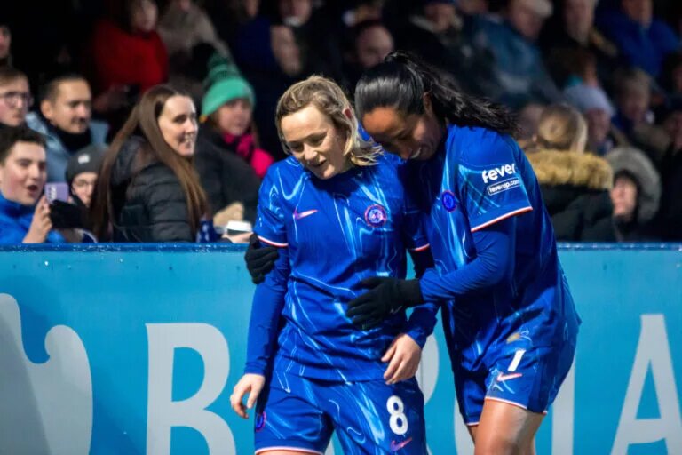 Mayra Ramirez and Erin Cuthbert celebrate goal