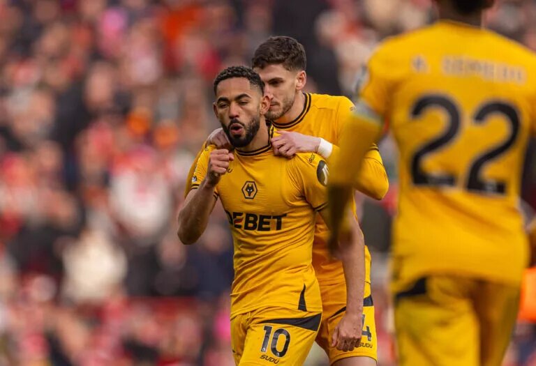 Wolves players celebrate goal