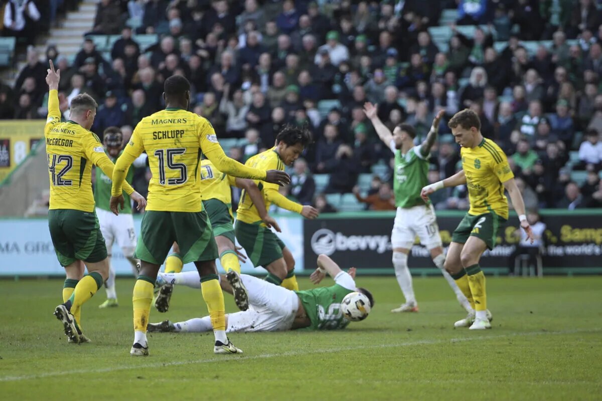 Celtic forward Mykola Kuhrevich attacks Hibernian defence
