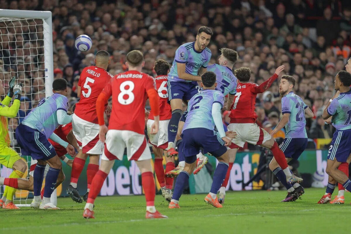 Mikel Merino heads towards Nottingham Forest goal