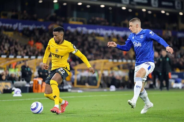 Wolves and Everton player compete for the ball