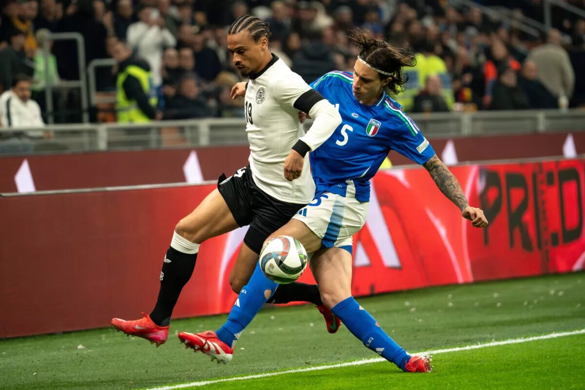 Riccardo Calafiori challenges Leroy Sane