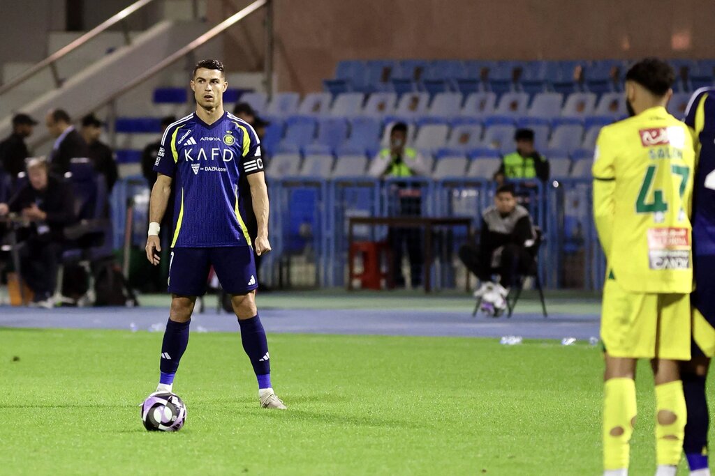 Cristiano Ronaldo lines up a free kick for Al-Nassr in the Saudi Arabia league