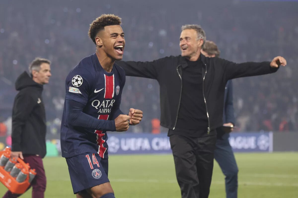 PSG Predicted Lineup vs Chelsea- image of Luis Enrique with Desire Doue