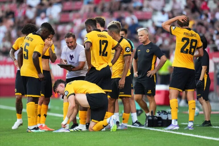 Wolves manager speaks with players during break