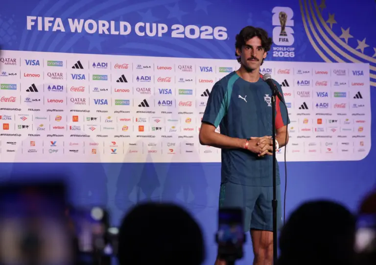 Portugal predicted lineup: Portugal's Francisco Trincao talks to the media in the mixed zone before training
