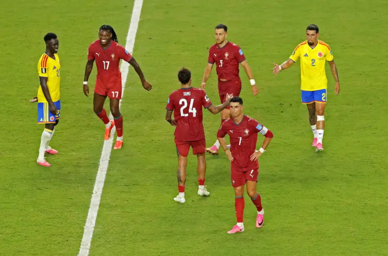 Portugal vs Croatia: Portugal's Cristiano Ronaldo, Samu Costa, Diogo Dalot and Rafael Leao with Colombia's Davinson Sanchez and Daniel Munoz at the end of the match