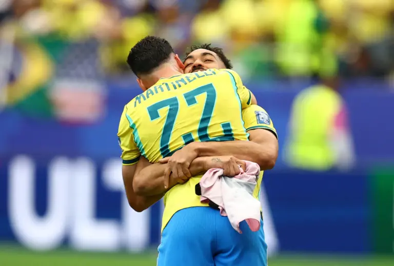 Brazil predicted lineup: Brazil's Matheus Cunha and Gabriel Martinelli celebrate after the match