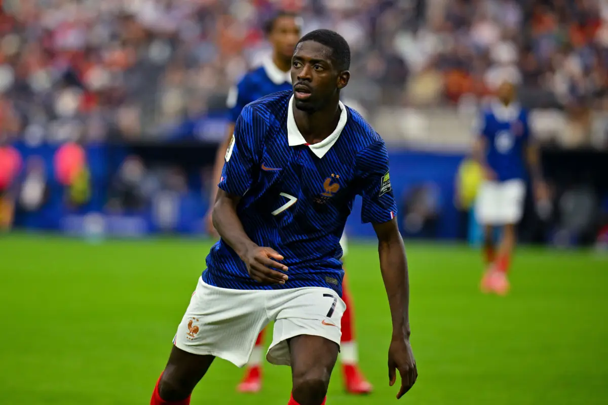 Ousmane Dembele in action during a semifinal match between France and Spain in the 2026 FIFA World Cup at Dallas Stadium.