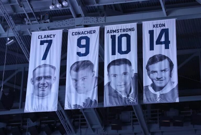 Dave Keon, King Clancy, George Armstrong, Lyle Conacher amongst the Maple Leafs banners
