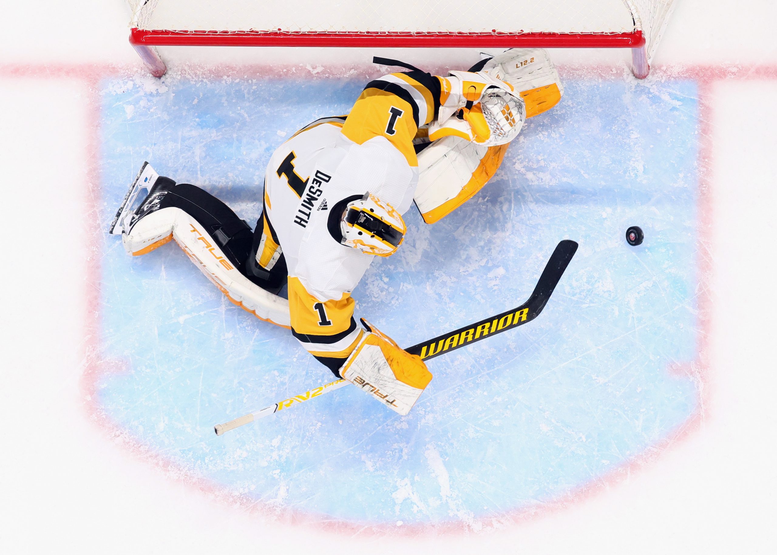 FILE — Pittsburgh Penguins goaltender Casey DeSmith drinks during the third  period of an NHL hockey game against the Columbus Blue Jackets in  Pittsburgh on April 29, 2022. DeSmith will be making