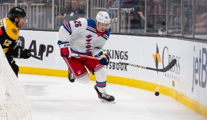 Jimmy Vesey #26 of the New York Rangers skates against the Boston Bruins during the first period in a preseason game at the TD Garden on September 27, 2022 in Boston, Massachusetts. (Photo by Richard T Gagnon/Getty Images)