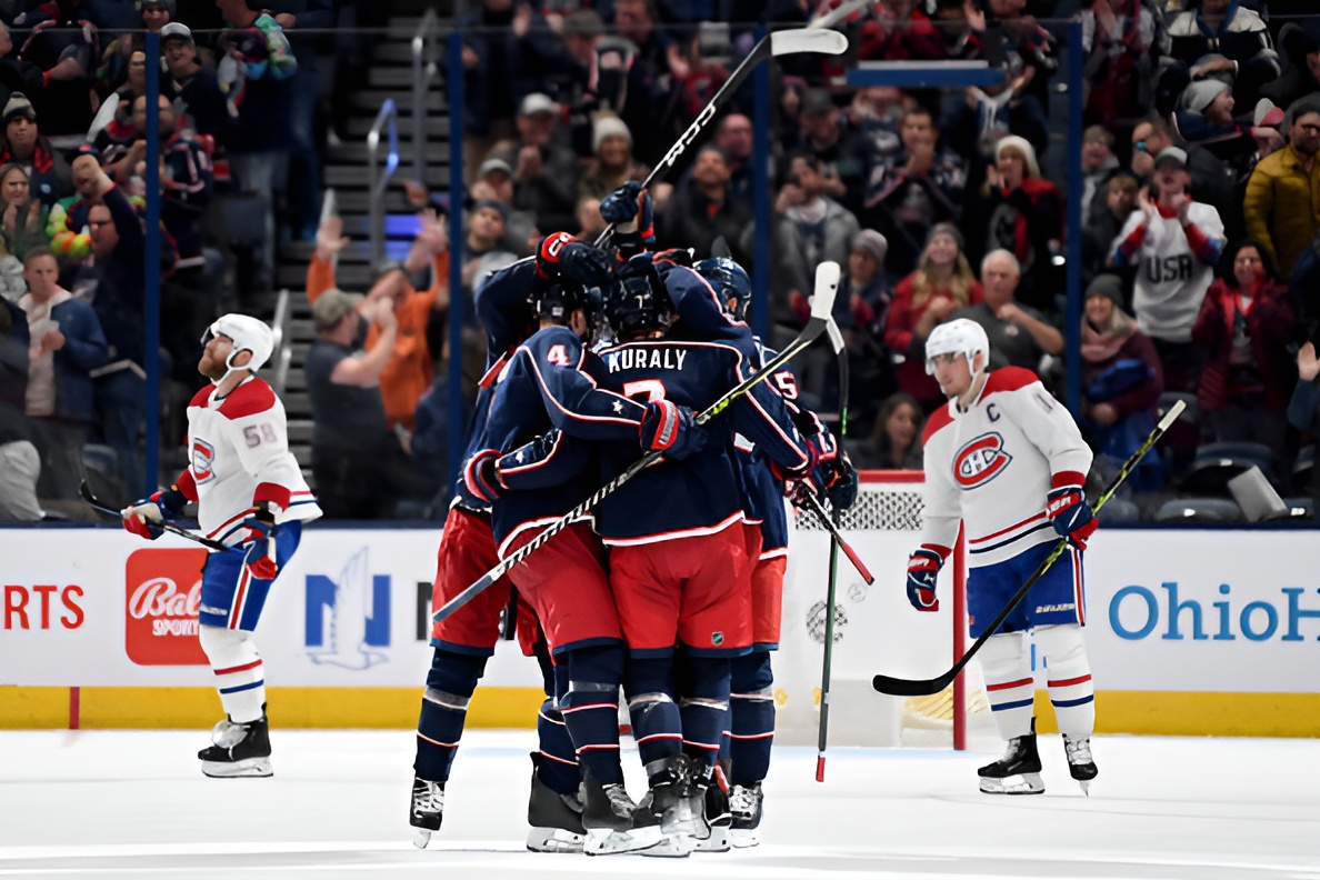Mathieu Olivier #24 of the Columbus Blue Jackets celebrates his goal with teammates during the third period against the Montreal Canadiensat Nationwide Arena on November 17, 2022 in Columbus, Ohio.