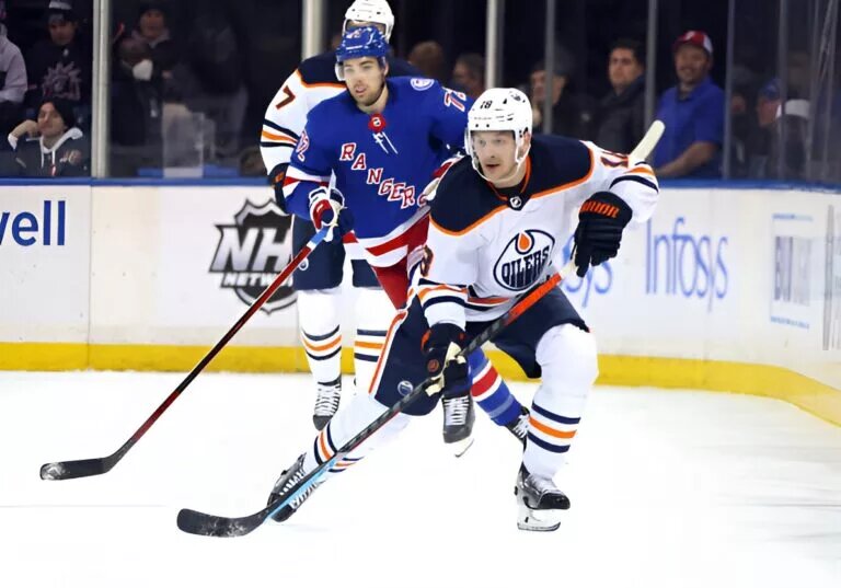 Zach Hyman #18 of the Edmonton Oilers skates against the New York Rangers at Madison Square Garden on January 03, 2022 in New York City. The Rangers defeated the Oilers 4-1.
