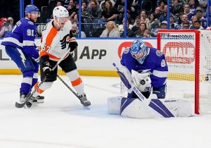 TAMPA, FL - OCTOBER 18: Tampa Bay Lightning goaltender Andrei Vasilevskiy (88) makes a save during the NHL Hockey match between the Tampa Bay Lightning and Philadelphia Flyers on October 18, 2022 at Amalie Arena in Tampa, FL. (Photo by Andrew Bershaw/Icon Sportswire via NHL/Getty Images)