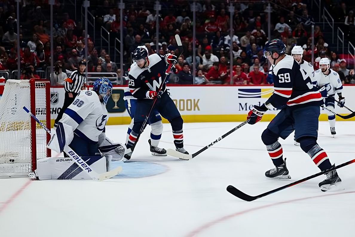 WASHINGTON, DC - NOVEMBER 11: Aliaksei Protas #59 of the Washington Capitals scores a goal against Andrei Vasilevskiy #88 of the Tampa Bay Lightning during the second period of the game at Capital One Arena on November 11, 2022 in Washington, DC. (Photo by Scott Taetsch/Getty Images)