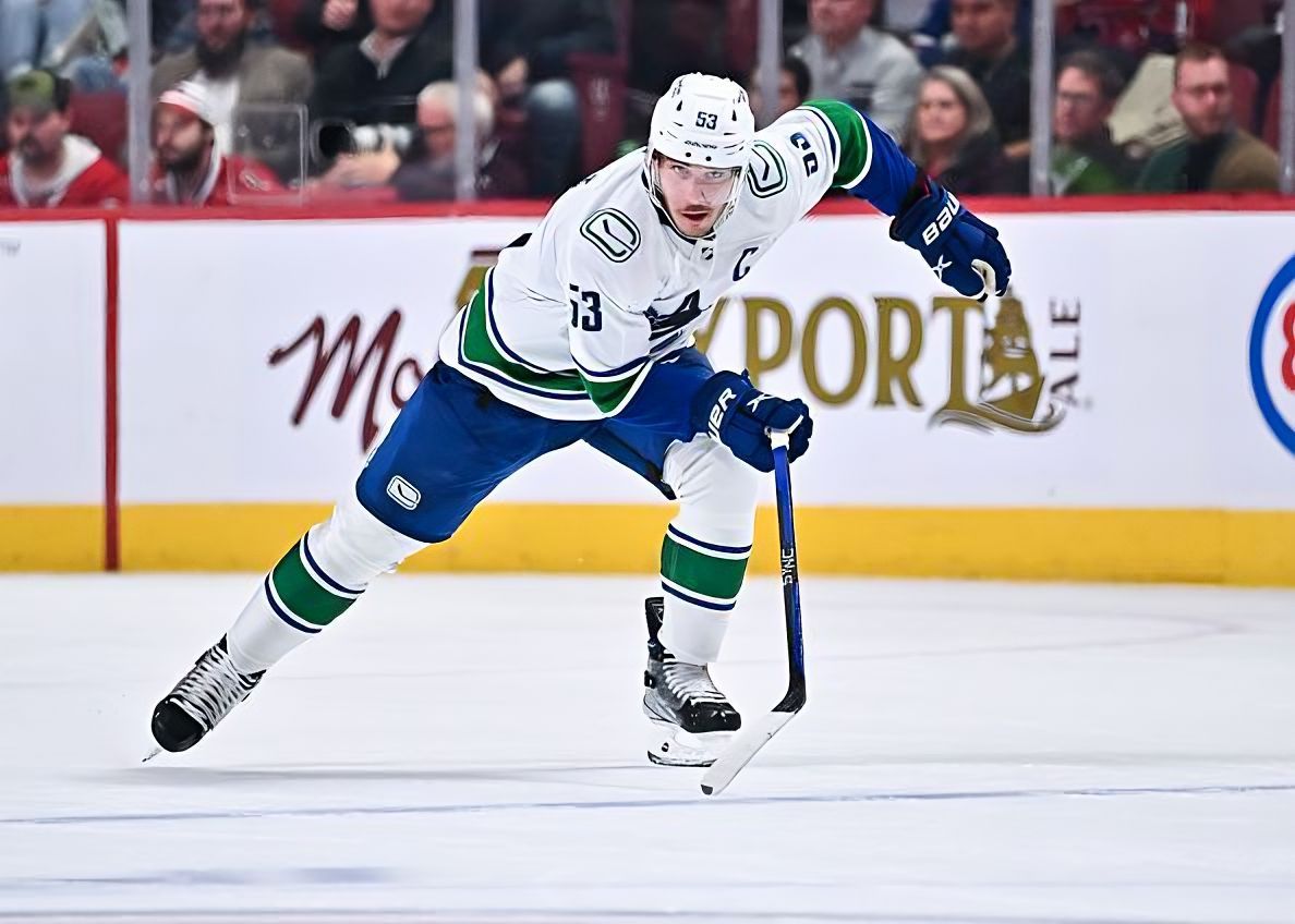 MONTREAL, CANADA - NOVEMBER 09: Bo Horvat #53 of the Vancouver Canucks skates against the Montreal Canadiens during the third period at Centre Bell on November 9, 2022 in Montreal, Quebec, Canada. The Montreal Canadiens defeated the Vancouver Canucks 5-2. (Photo by Minas Panagiotakis/Getty Images)