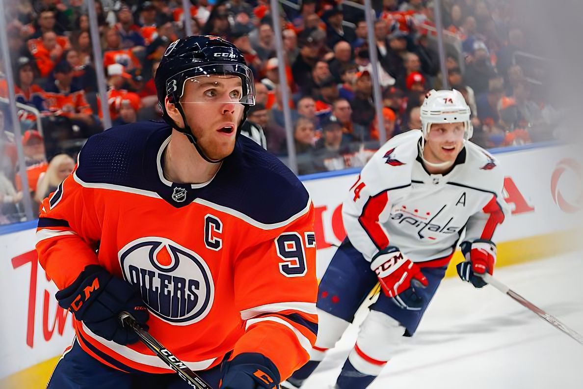 Edmonton Oilers Center Connor McDavid (97) and Washington Capitals Defenceman John Carlson (74) in action in the third period during the Edmonton Oilers game versus the Washington Capitals on March 9, 2022 at Rogers Place in Edmonton, AB.