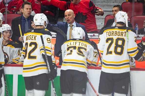 OTTAWA, ON - OCTOBER 18: Boston Bruins Head coach Jim Montgomery talks to his team during third period National Hockey League action between the Boston Bruins and Ottawa Senators on October 18, 2022, at Canadian Tire Centre in Ottawa, ON, Canada. (Photo by Richard A. Whittaker/Icon Sportswire via Getty Images)