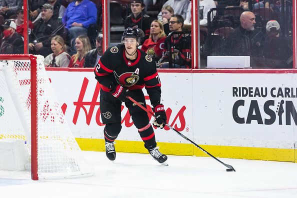 OTTAWA, ON - NOVEMBER 08: Ottawa Senators Defenceman Thomas Chabot (72) skates with the puck during second period National Hockey League action between the Vancouver Canucks and Ottawa Senators on November 8, 2022, at Canadian Tire Centre in Ottawa, ON, Canada. (Photo by Richard A. Whittaker/Icon Sportswire via Getty Images)