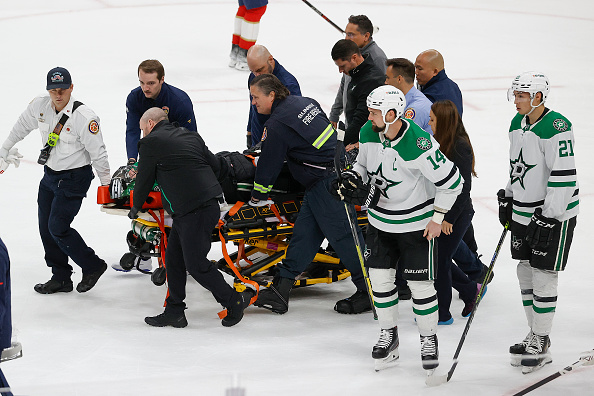 SUNRISE, FL - NOVEMBER 17: Goaltender Scott Wedgewood #41 of the Dallas Stars is taken off the ice on a stretcher after being injured in the second period against the Florida Panthers at the FLA Live Arena on November 17, 2022 in Sunrise, Florida. (Photo by Joel Auerbach/Getty Images)