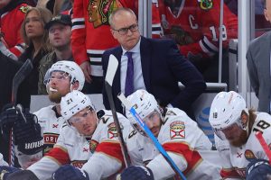 CHICAGO, ILLINOIS - OCTOBER 25: Head coach Paul Maurice of the Florida Panthers looks on against the Chicago Blackhawks during the second period at United Center on October 25, 2022 in Chicago, Illinois. (Photo by Michael Reaves/Getty Images)