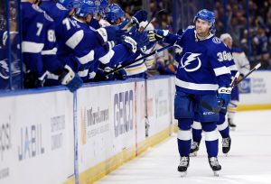 TAMPA, FLORIDA - NOVEMBER 05: Brandon Hagel #38 of the Tampa Bay Lightning celebrates a goal during a game against the Buffalo Sabres at Amalie Arena on November 05, 2022 in Tampa, Florida. (Photo by Mike Ehrmann/Getty Images)