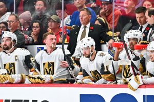 MONTREAL, CANADA - NOVEMBER 05: Head coach of the Vegas Golden Knights, Bruce Cassidy, handles bench duties during the third period against the Montreal Canadiens at Centre Bell on November 5, 2022 in Montreal, Quebec, Canada. The Vegas Golden Knights defeated the Montreal Canadiens 6-4. (Photo by Minas Panagiotakis/Getty Images)