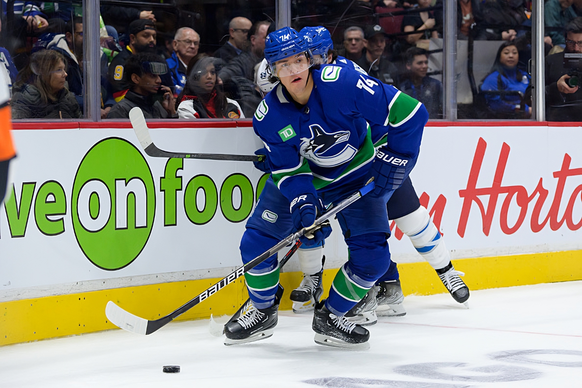 Ethan Bear of the Vancouver Canucks skates up ice during the second News  Photo - Getty Images