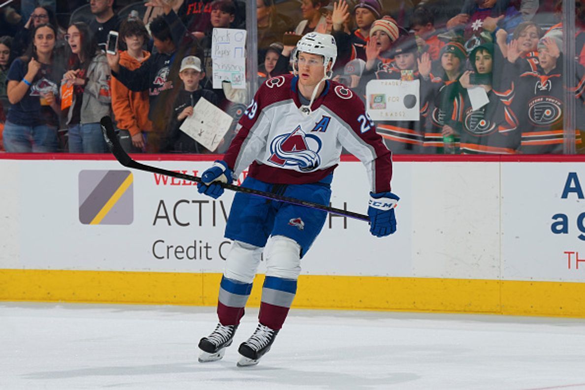 PHILADELPHIA, PA - DECEMBER 05: Nathan MacKinnon #29 of the Colorado Avalanche warms up prior to the game against the Philadelphia Flyers at the Wells Fargo Center on December 5, 2022 in Philadelphia, Pennsylvania. (Photo by Mitchell Leff/Getty Images)