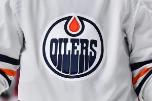 MONTREAL, QC - JANUARY 29: A detailed view of the Edmonton Oilers' logo seen during the third period against the Montreal Canadiens at Centre Bell on January 29, 2022 in Montreal, Canada. The Edmonton Oilers defeated the Montreal Canadiens 7-2. (Photo by Minas Panagiotakis/NHL/Getty Images)