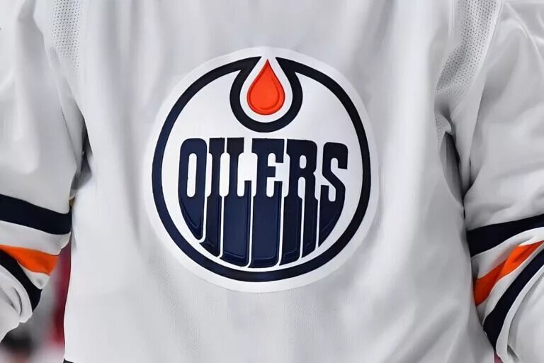 MONTREAL, QC - JANUARY 29: A detailed view of the Edmonton Oilers' logo seen during the third period against the Montreal Canadiens at Centre Bell on January 29, 2022 in Montreal, Canada. The Edmonton Oilers defeated the Montreal Canadiens 7-2. (Photo by Minas Panagiotakis/NHL/Getty Images)