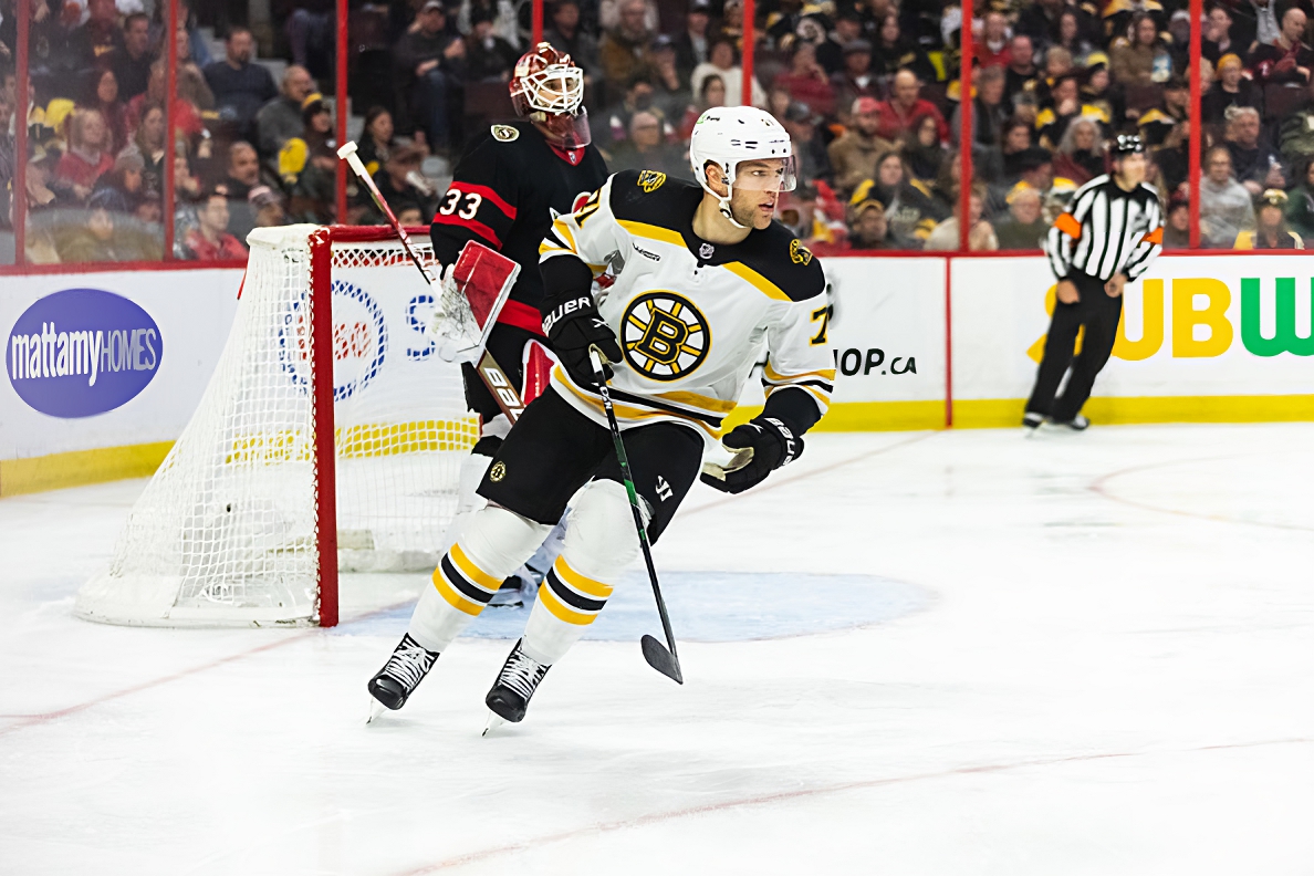 OTTAWA, ON - DECEMBER 27: Boston Bruins Forward Taylor Hall (71) skates in the offensive zone during third period National Hockey League action between the Boston Bruins and Ottawa Senators on December 27, 2022, at Canadian Tire Centre in Ottawa, ON, Canada. (Photo by Richard A. Whittaker/Icon Sportswire via Getty Images)