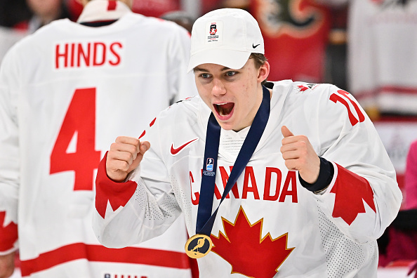 HALIFAX, CANADA - JANUARY 05: Connor Bedard #16 of Team Canada celebrates after receiving his gold medal at the 2023 IIHF World Junior Championship at Scotiabank Centre on January 5, 2023 in Halifax, Nova Scotia, Canada. Team Canada defeated Team Czech Republic 3-2 in overtime and become the 2023 IIHF World Junior Champions. (Photo by Minas Panagiotakis/Getty Images)