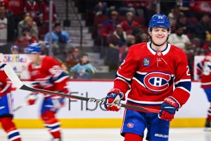 MONTREAL, QC - JANUARY 07: Look on Montreal Canadiens right wing Cole Caufield (22) at warm-up before the St. Louis Blues versus the Montreal Canadiens game on January 07, 2023, at Bell Centre in Montreal, QC (Photo by David Kirouac/Icon Sportswire via Getty Images)