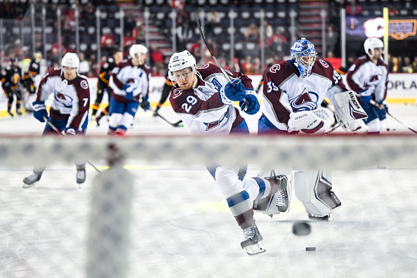 CALGARY, AB - JANUARY 18: Colorado Avalanche Center Nathan MacKinnon (29) warms up before an NHL game between the Calgary Flames and the Colorado Avalanche on January 18, 2023, at the Scotiabank Saddledome in Calgary, AB. (Photo by Brett Holmes/Icon Sportswire via Getty Images)
