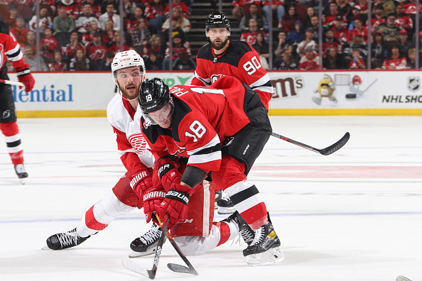 NEWARK, NEW JERSEY - OCTOBER 15: Ondrej Palat #18 of the New Jersey Devils skates against the Detroit Red Wings at the Prudential Center during the home opener on October 15, 2022 in Newark, New Jersey. The Detroit Red Wings won 5-2. (Photo by Jared Silber/Getty Images)