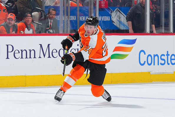 PHILADELPHIA, PA - NOVEMBER 29: Nick Seeler #24 of the Philadelphia Flyers shoots the puck against the New York Islanders at the Wells Fargo Center on November 29, 2022 in Philadelphia, Pennsylvania. (Photo by Mitchell Leff/Getty Images)