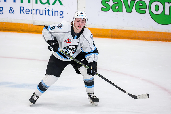 WINNIPEG, CANADA - JANUARY 11: Zach Benson #9 of the Winnipeg ICE skates during first period action against the Seattle Thunderbirds at Wayne Fleming Arena on January 11, 2023 in Winnipeg, Manitoba, Canada. (Photo by Jonathan Kozub/Getty Images)