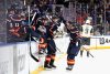 ELMONT, NEW YORK - JANUARY 28: The New York Islanders celebrate a game-winning overtime goal by Mathew Barzal #13 (R) against the Vegas Golden Knights at the UBS Arena on January 28, 2023 in Elmont, New York. The Islanders defeated the Golden Knights 2-1 in overtime. (Photo by Bruce Bennett/Getty Images)