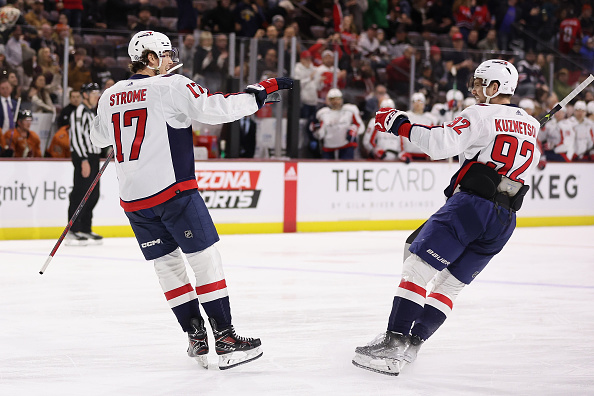 TEMPE, ARIZONA - JANUARY 19: Dylan Strome #17 of the Washington Capitals celebrates with Evgeny Kuznetsov #92 after scoring a goal against the Arizona Coyotes during the third period of the NHL game at Mullett Arena on January 19, 2023 in Tempe, Arizona. The Capitals defeated the Coyotes 4-0. (Photo by Christian Petersen/Getty Images)