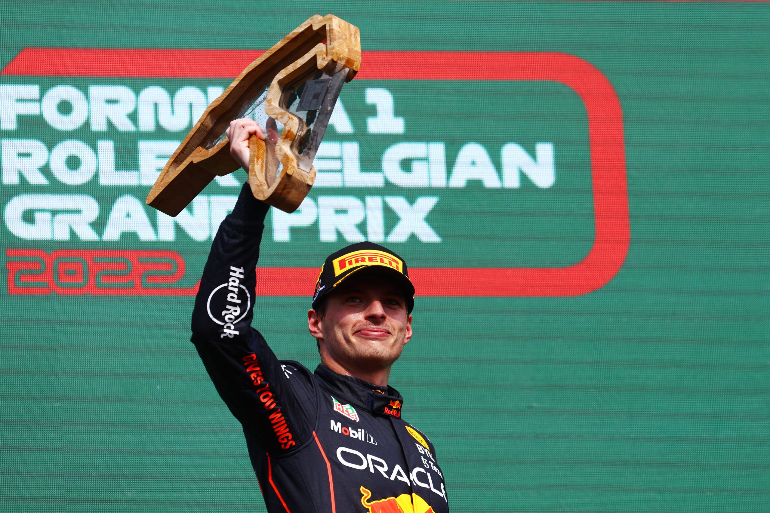 Belgian Grand Prix - Red Bull Racing's Max Verstappen lifts a trophy in the air, celebrating his victory at the 2022 Belgian Grand Prix