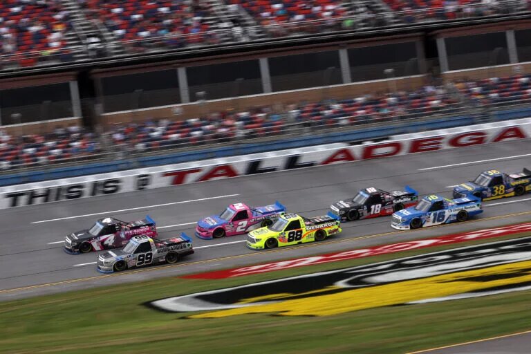 The NASCAR Truck Series field runs at Talladega Superspeedway