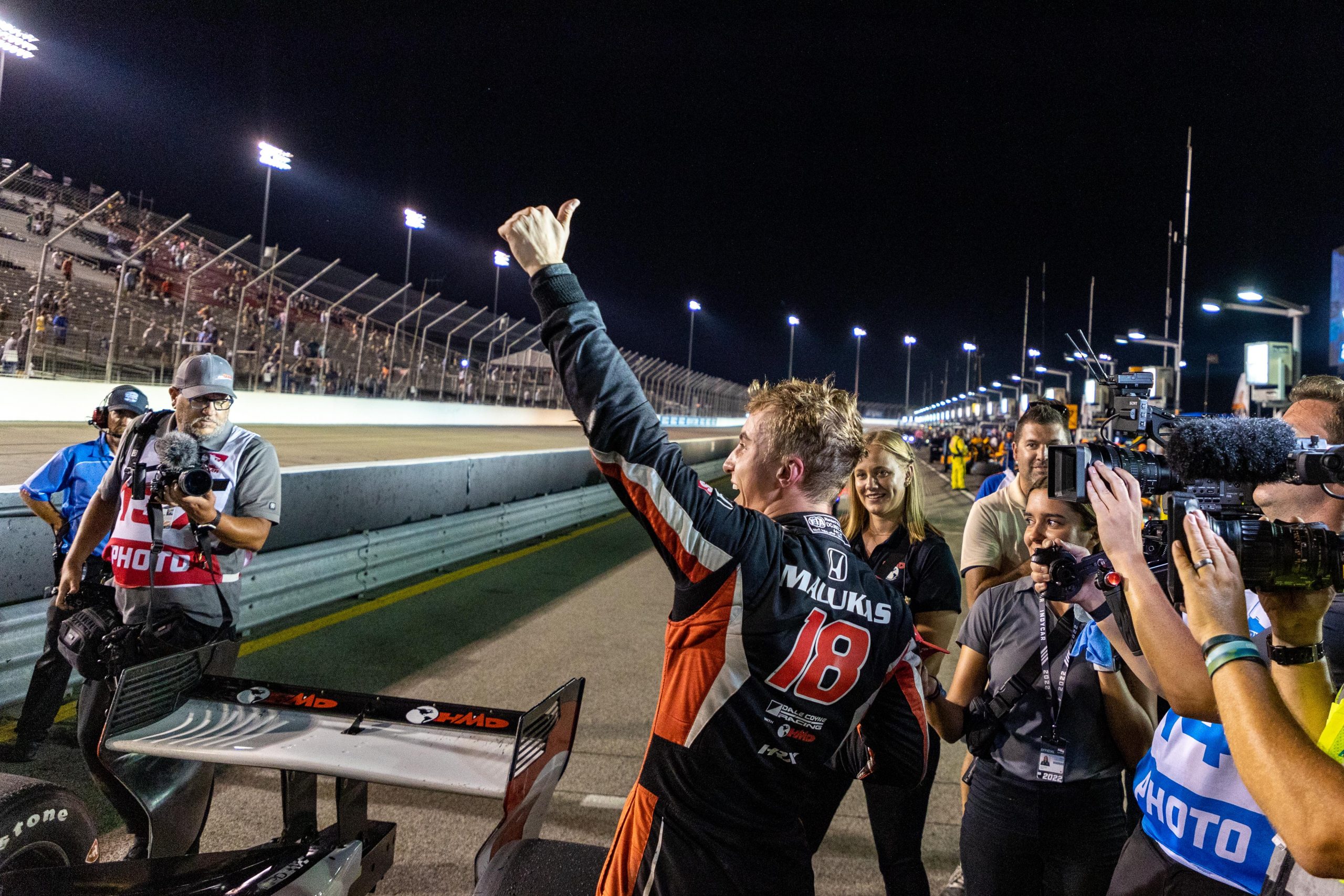 Dale Coyne Racing's David Malukas celebrates his second-place finish at the 2022 Bommarito Automotive Group 500