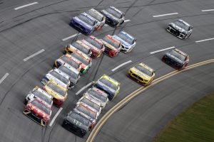Bubba Wallace leads the field during the 2021 Yellawood 500 at Talladega Superspeedway