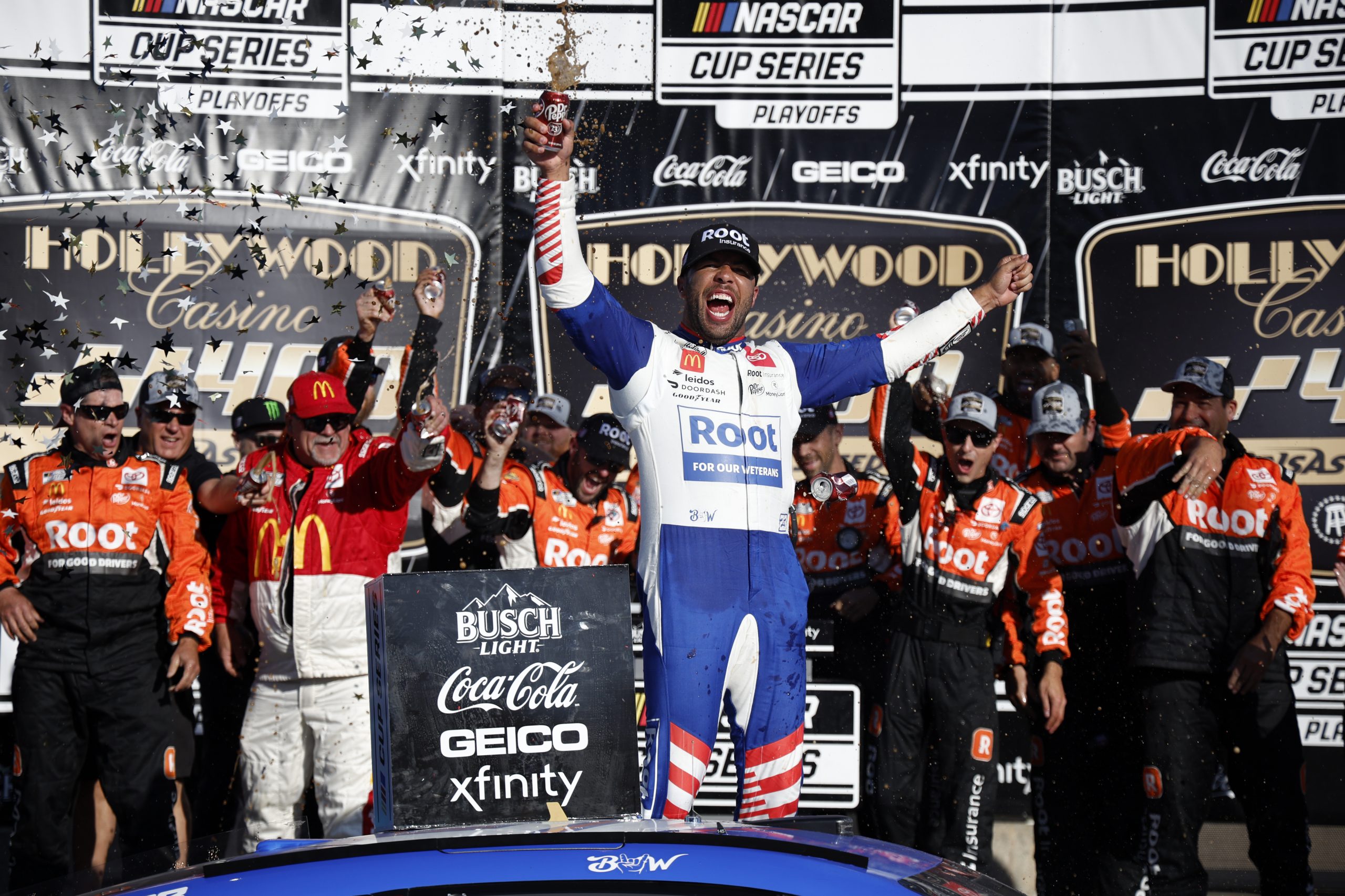 Bubba Wallace celebrates his victory at Kansas Speedway 