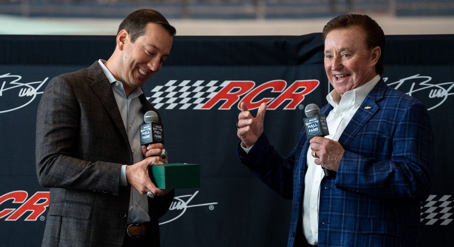 Kyle Busch and Richard Childress speak at a press conference